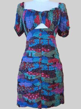 NWT $475 RHODE CLARA COLORFUL PATCHWORK PLEATED MINI DRESS IN ENCHANTED WOODS 2